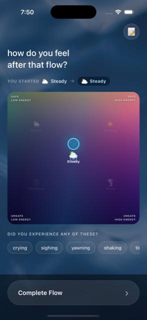 The check-out screen showing the state picker with somatic experience tags below it.