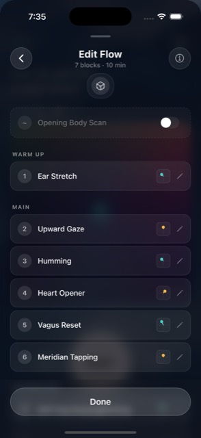 The Edit Flow screen listing the composed sequence of blocks with swap and reroll controls.